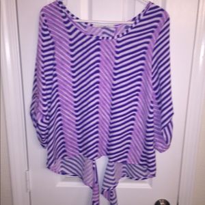 Purple Striped Blouse Top with Tie on Bottom Back